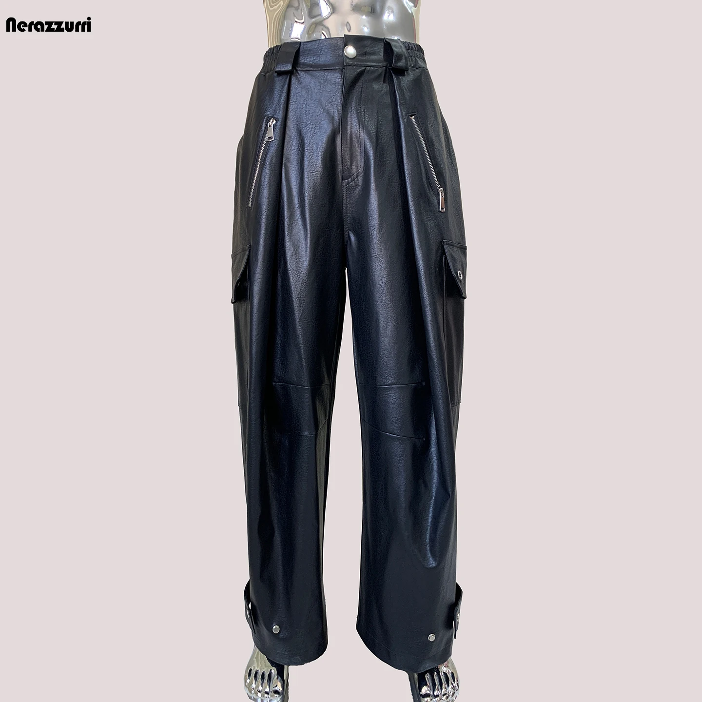 Nerazzurri Autumn Baggy Black Faux Leather Wide Leg Cargo Pants Men Elastic Waist Luxury Designer European Fashion Clothes 2025