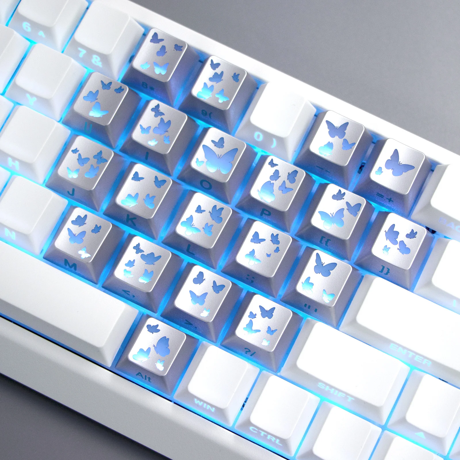 21pcsTransparent butterfly keycaps, original factory height, side carved transparent character game mechanical keyboard keycaps