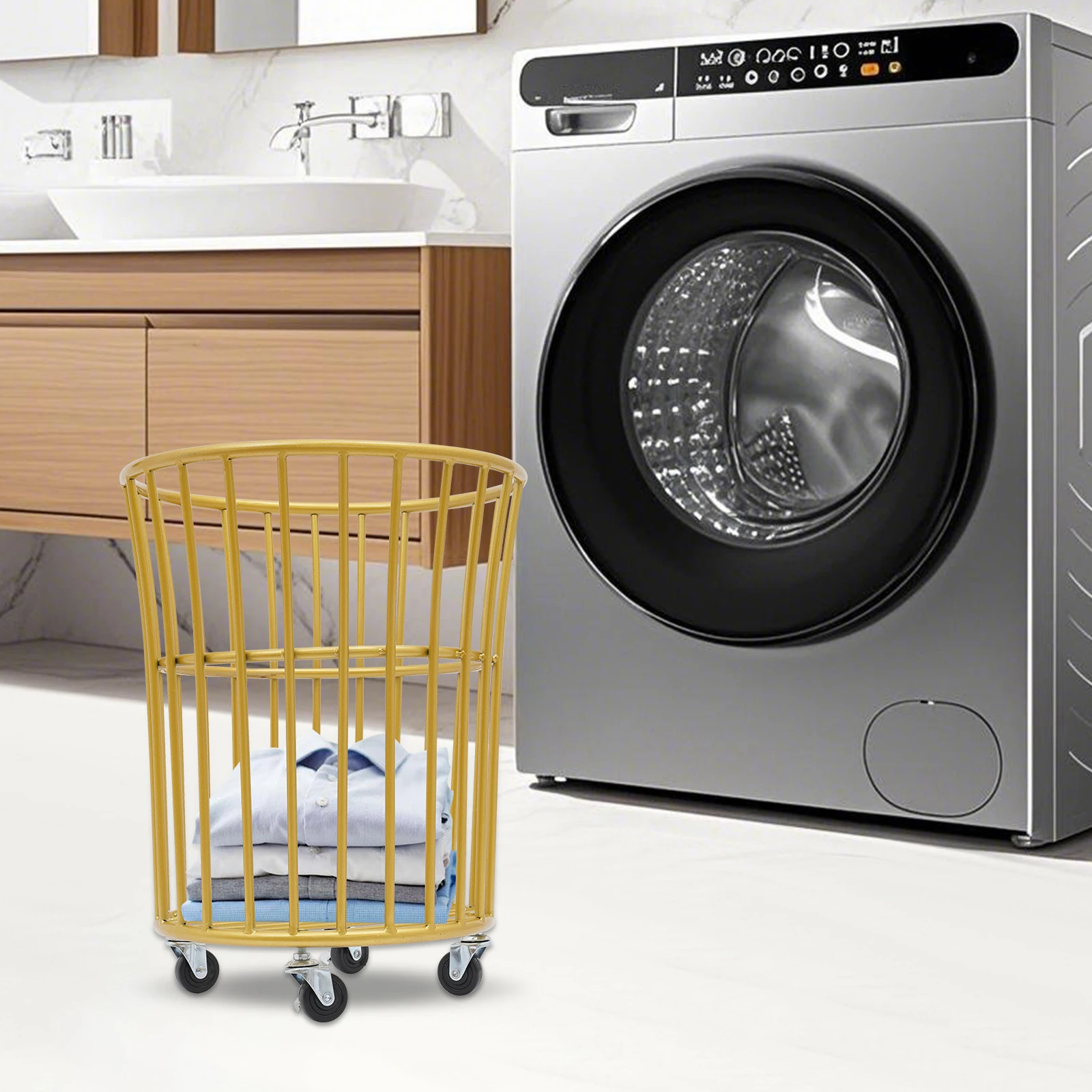 

(Gold) Laundry Basket with Wheels, Metal Laundry Basket, Round Dirty Clothes Hamper Clothes Storage Organization, 30*36*45 cm