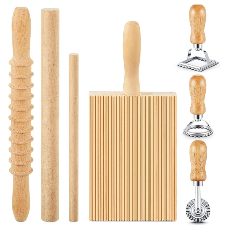 7 Pcs Pasta Making Tool, Wood Gnocchi Board With Ravioli Stamp And Rolling Pin Set, Pasta Maker For Homemade Pasta