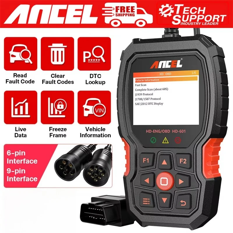 Hot ANCEL HD601 OBD2 Code Reader Engine Tester OBD2 Truck Scanner Tool 24V Heavy Duty Truck Diagnostic With 6pin+9pin interface