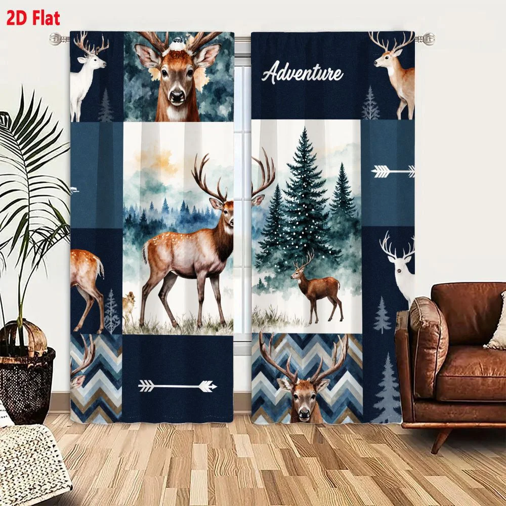 2Pcs Curtains 2D Flat Nature Adventure Patchwork Design With Deer Forest Elements Dark Blue Background Chevron Patterns And Arro