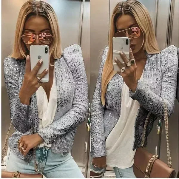 2024 Fashion Sequin Jackets Women Glitter Long Sleeve Short Coats Elegant Spring Outwear Office Ladies Solid  Streetwear Jacket