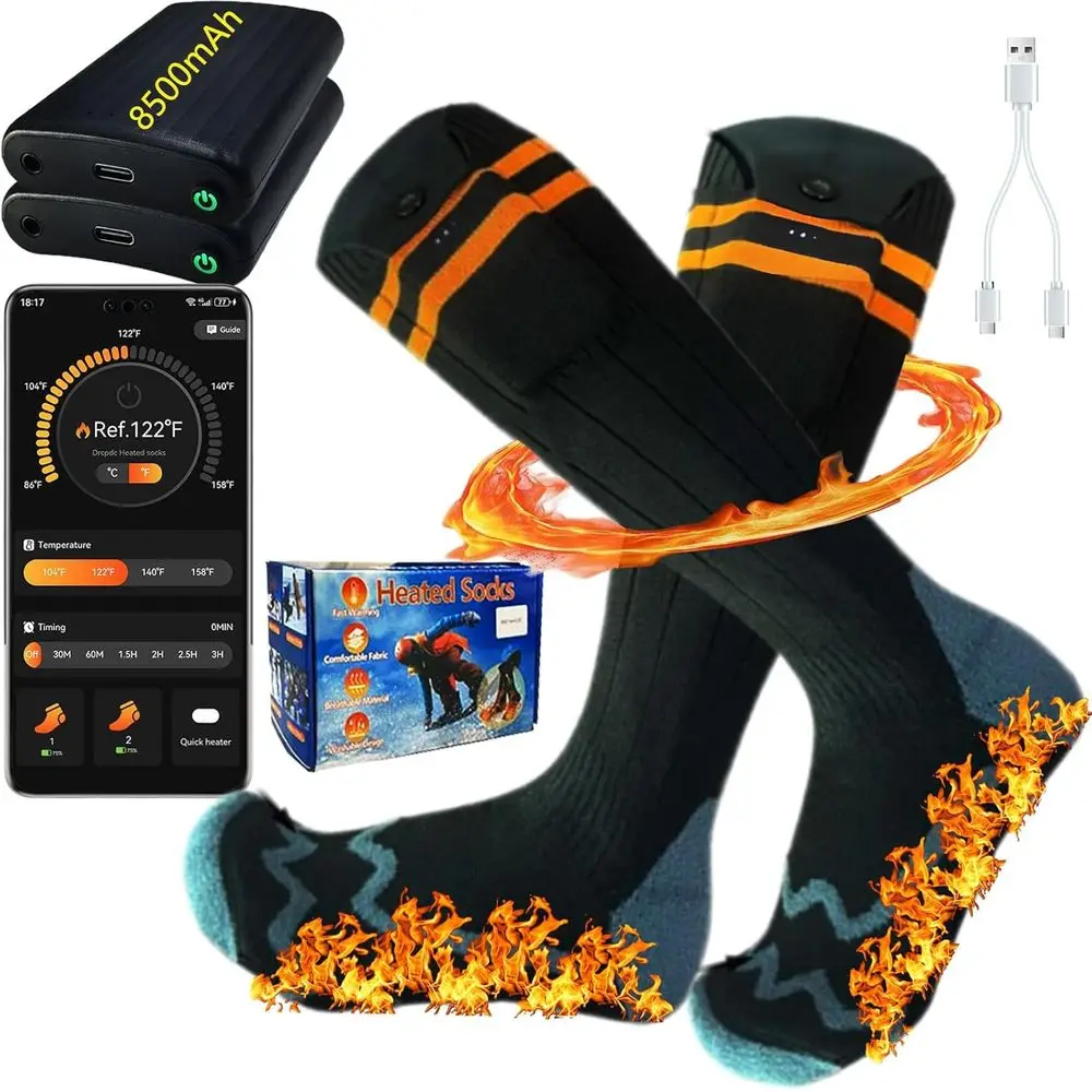 

App-Controlled Rechargeable Heated Socks for Men & Women, 2x8500mAh, Washable, Ideal for Outdoors, Skiing, Hunting, and More