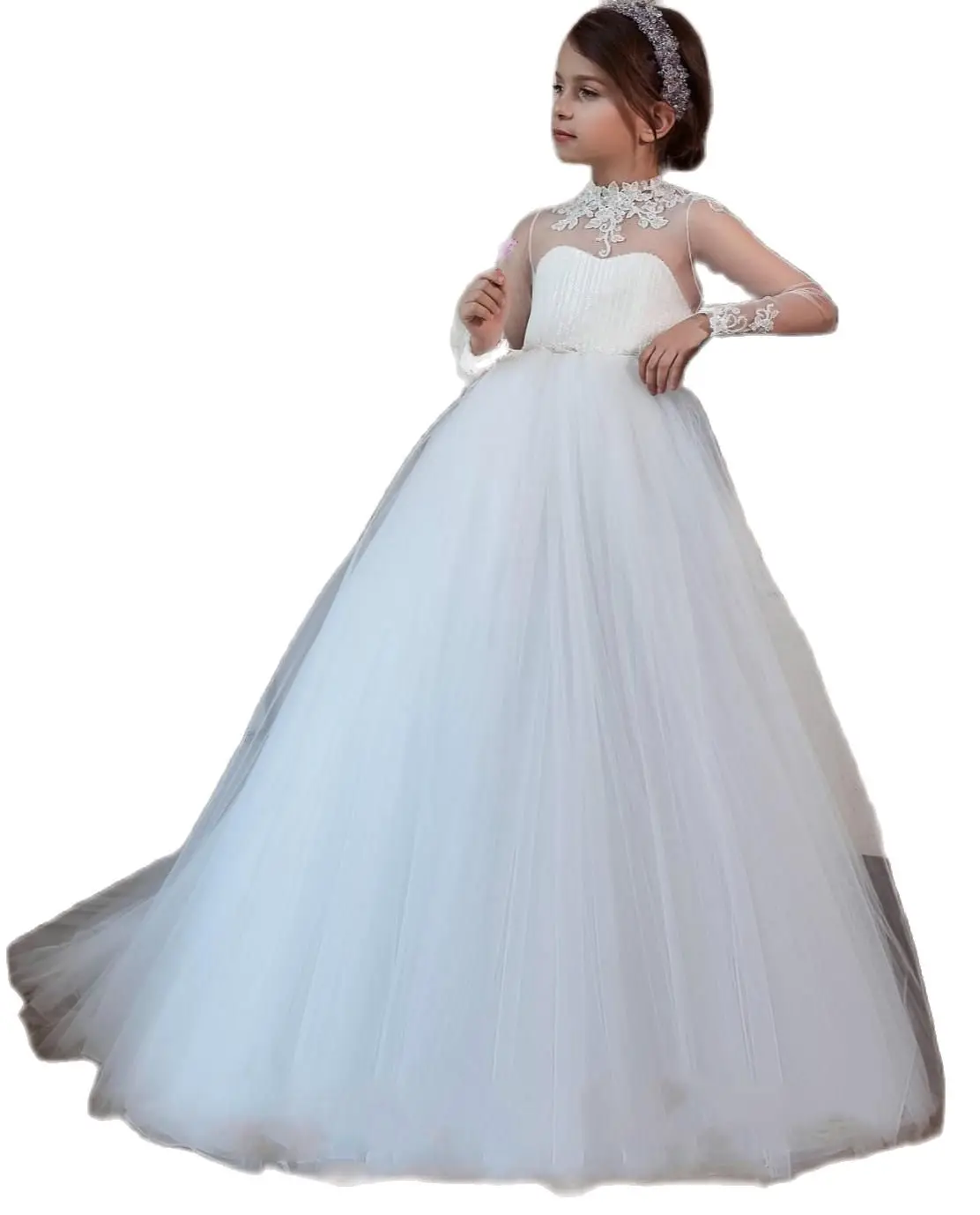 Lace Cheap 2020 Flower Girl Dresses Ball Gown Sheer Neck Little Girl Wedding Dresses Cheap Communion Pageant Dresses Gowns