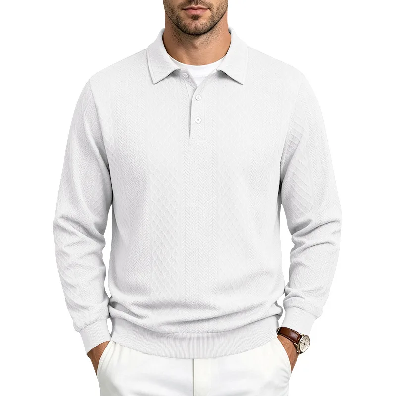 Men Diamond Jacquard Long Sleeve Polo Shirt, Lapel Collar Button Placket Textured Knit Business Casual Pullover Top
