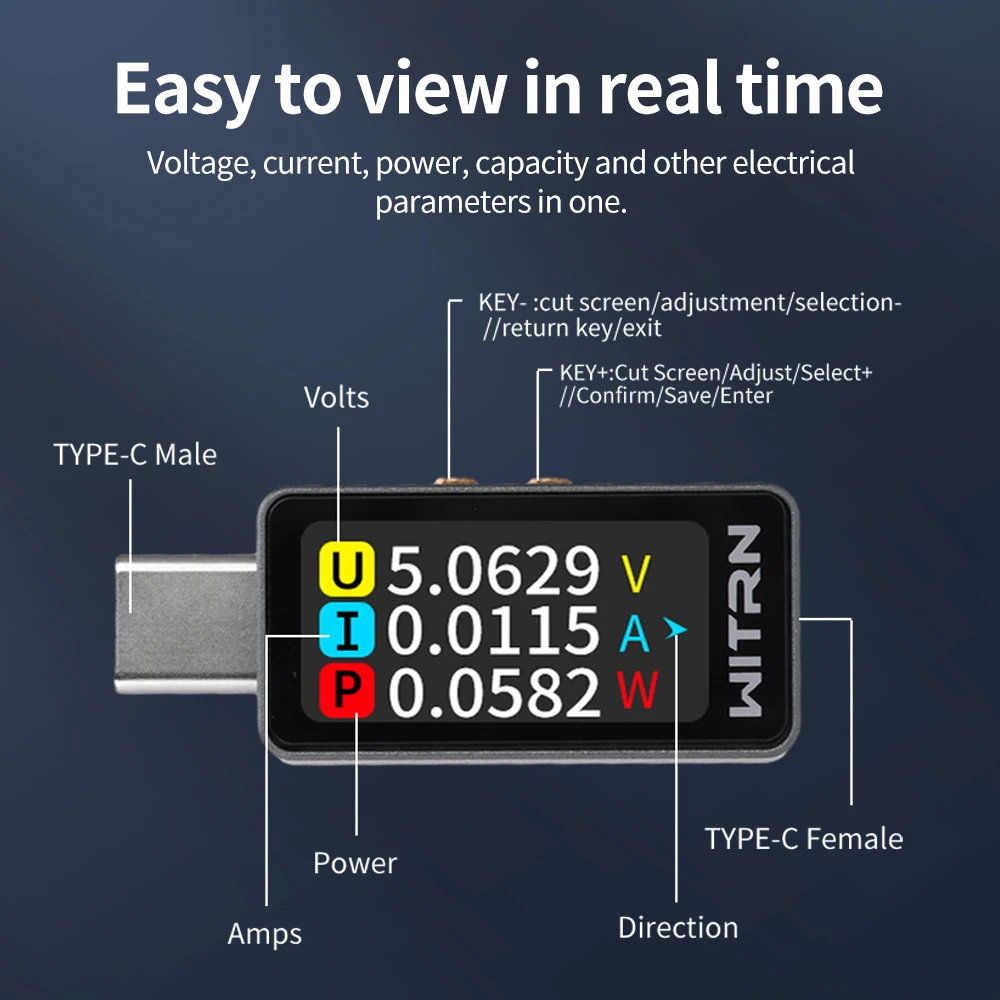 DC Color IPS Multi-function Voltage Ammeter Power Meter 4-28V 0-6A Bidirectional Current Measurement Type-C Charging Tester