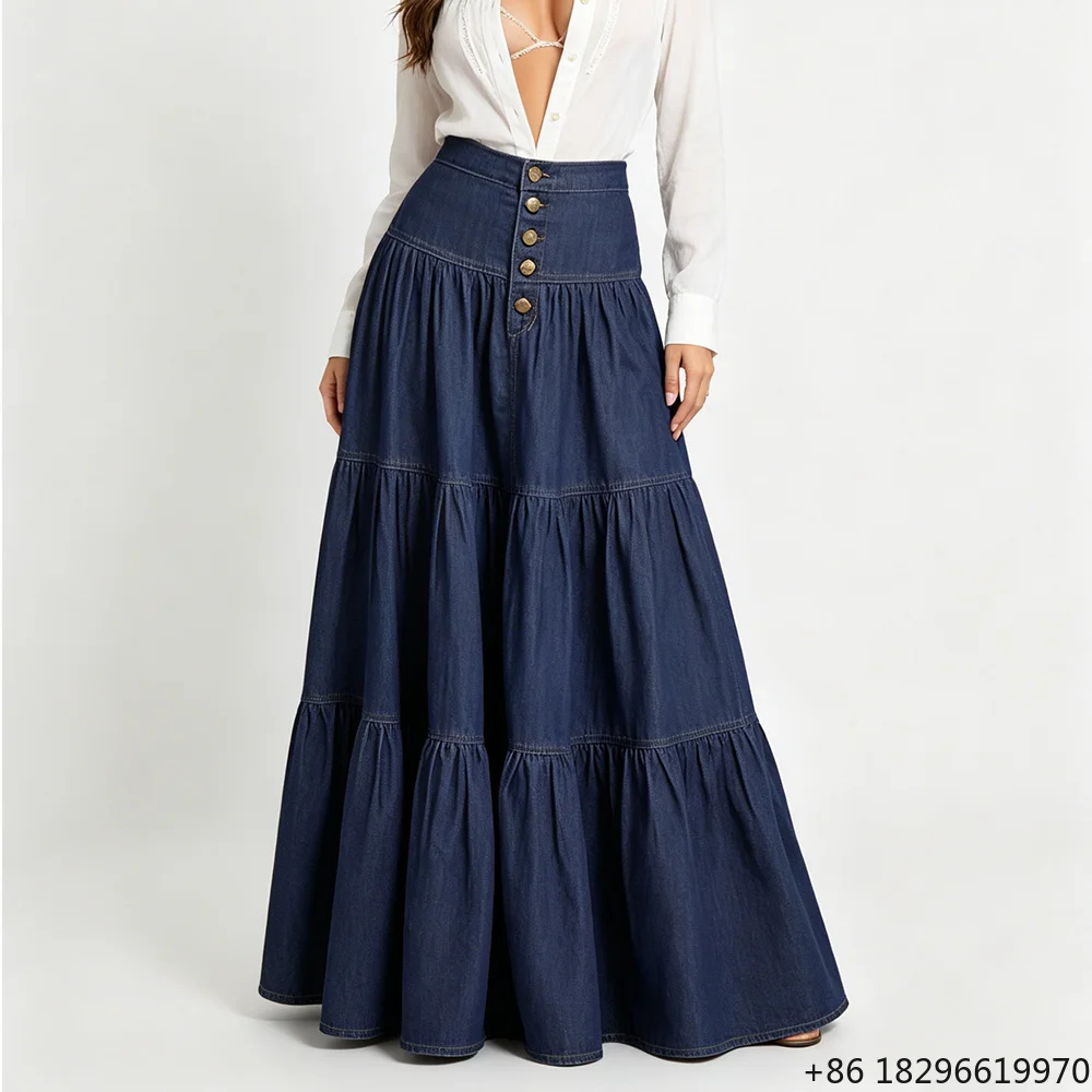 High Waist Tiered Denim Maxi Skirt Women's Dress Button Down Long Vintage Wash Boho Casual Vestidos Para Mujer