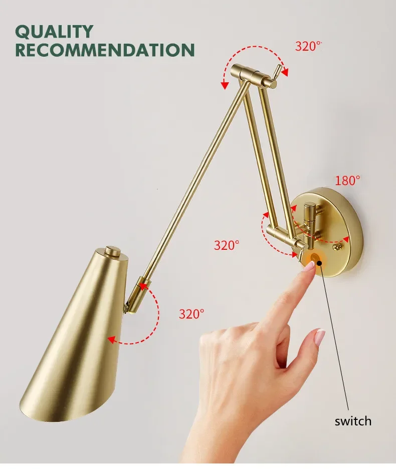 Bedroom bedside wall lamp, rfoldable retro long arm lamp