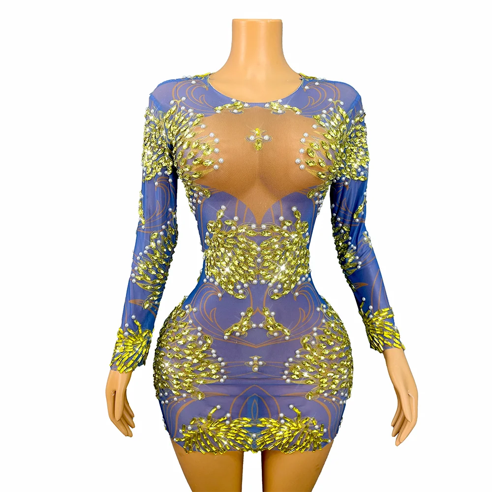 Perfect Figure Prom Rhinestones Pearls Sexy Cultivation Mesh Dress Women Brithday Celebrate Evening Outfit Show Stage Costume