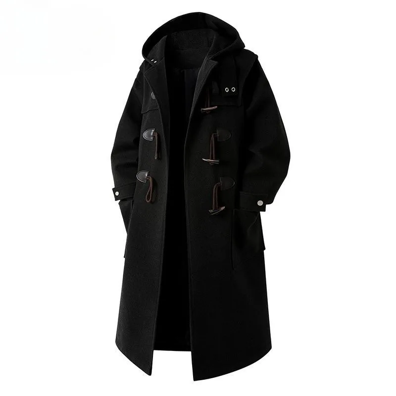 

A Long Knee-length Hooded Men's Overcoat with Horn Buttons A High-end Fashionable and Warm Woolen Jacket for Autumn Men’s Wear