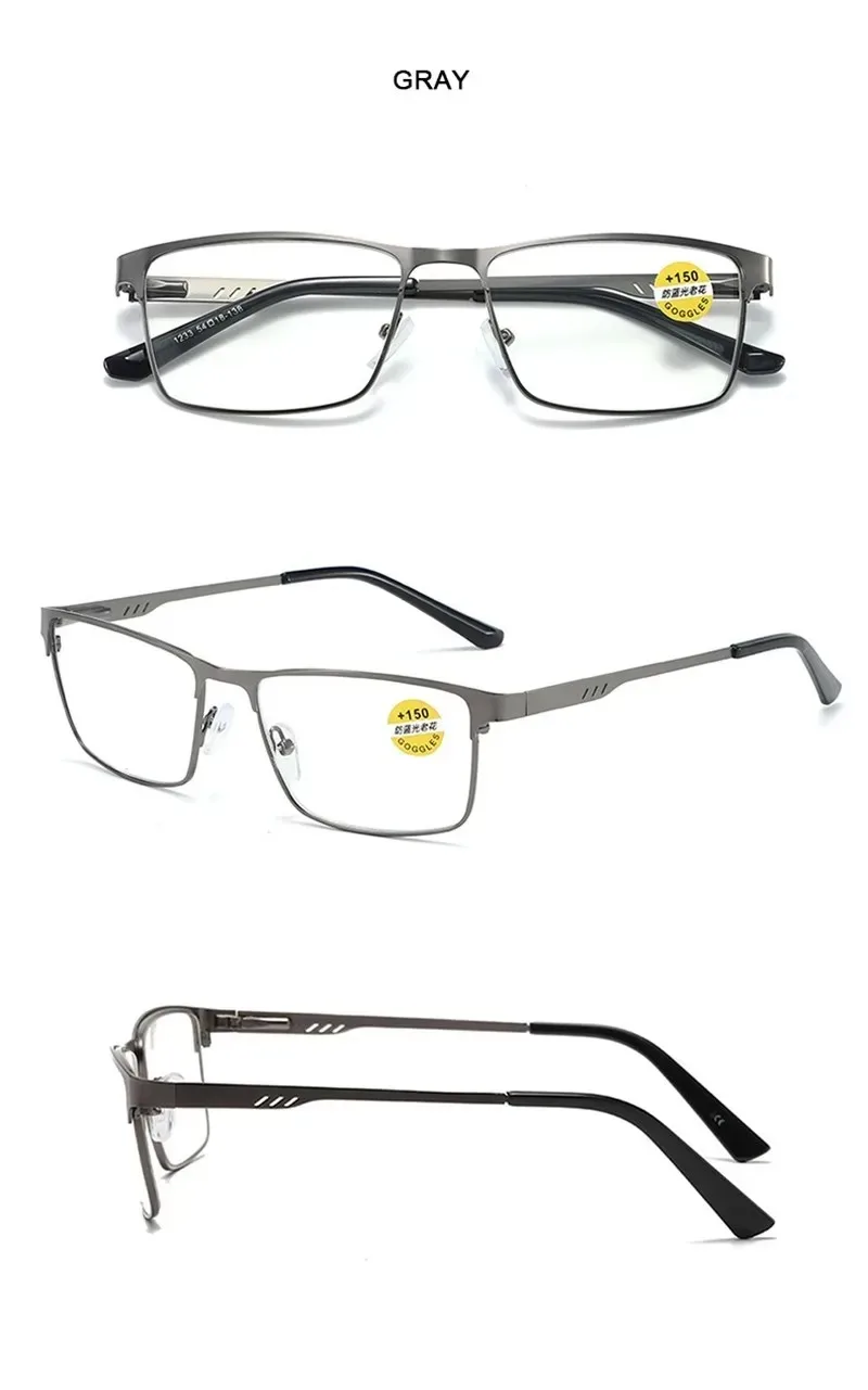 Anti-Blaulicht Metall-Lesebrille mit Federbügeln Geschäftsbrille für Herren Klassische Eckige Hyperopie-Brille – Detail 9