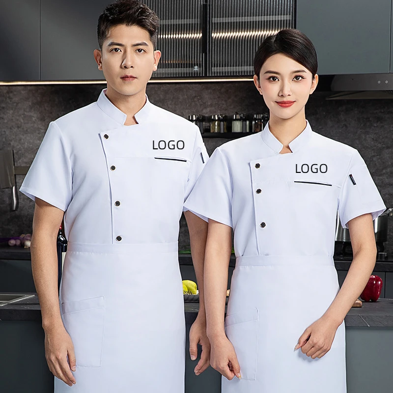 Letni oddychający mundur szefa kuchni z krótkim rękawem Mundur roboczy Mężczyźni Kobiety Haft Nazwa Drukuj Logo Koszula Kurtka Sklep z ciastami Kuchnia