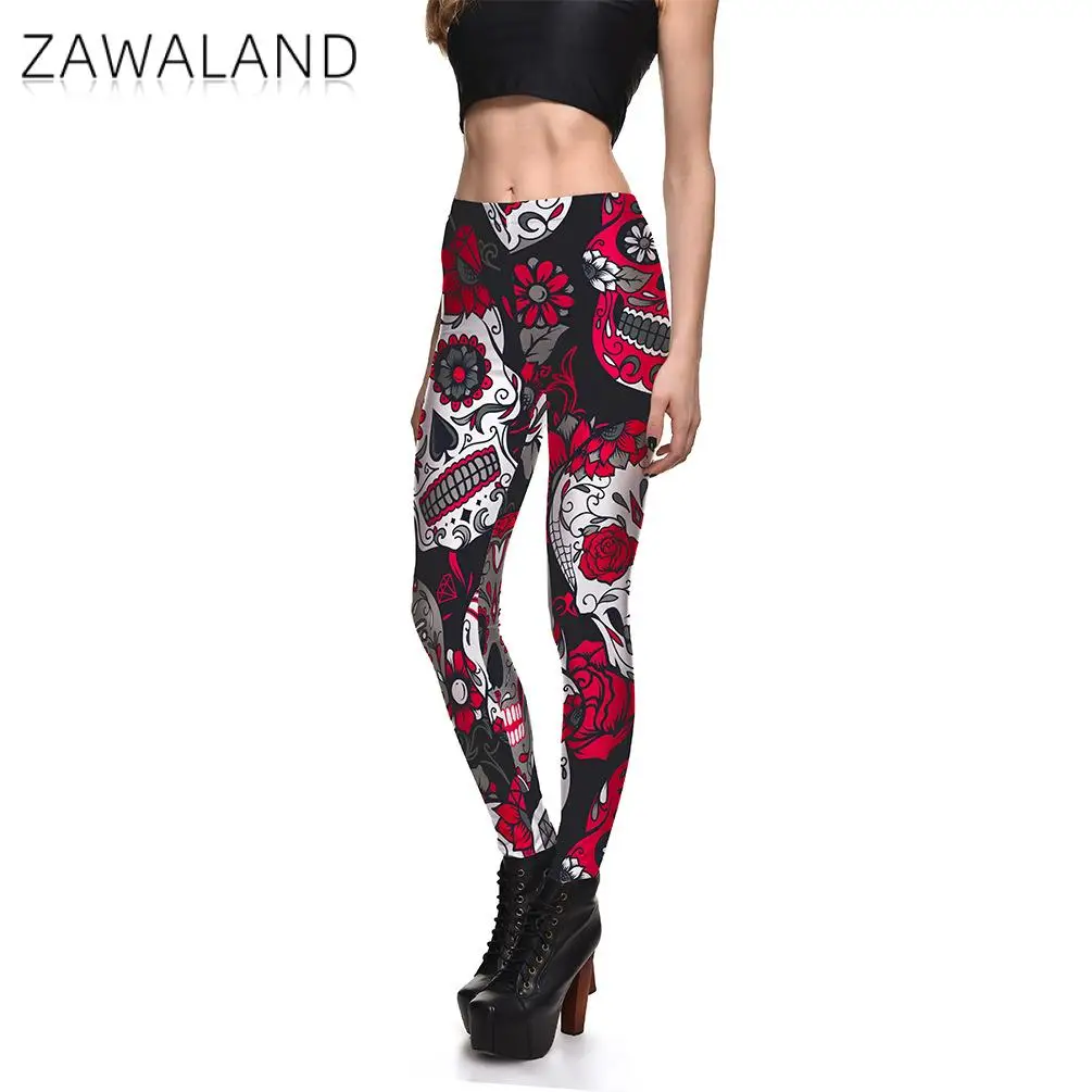 Zawaland Women Leggings High Waist Fashion Sexy Multicolor Skull 3D Digital Printing Leggings Casual Elastic Fitness Pant