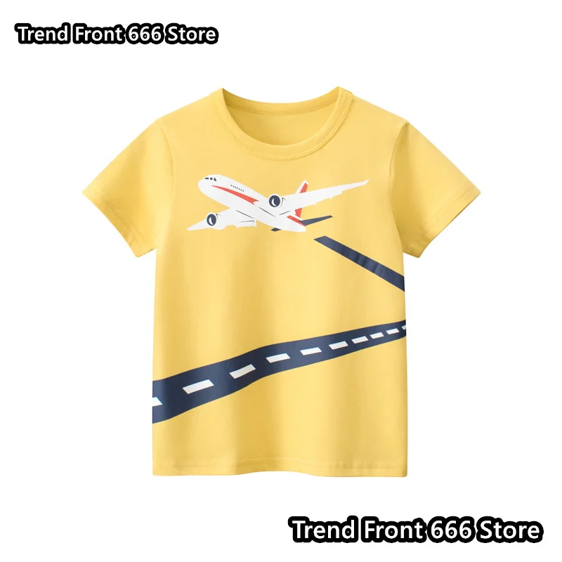 Airplane Soaring Trajectory Cotton Fun Printing Children\'s T-shirt Boys Girls Yellow Cute Tees Summer o-neck Tops 4-14Years