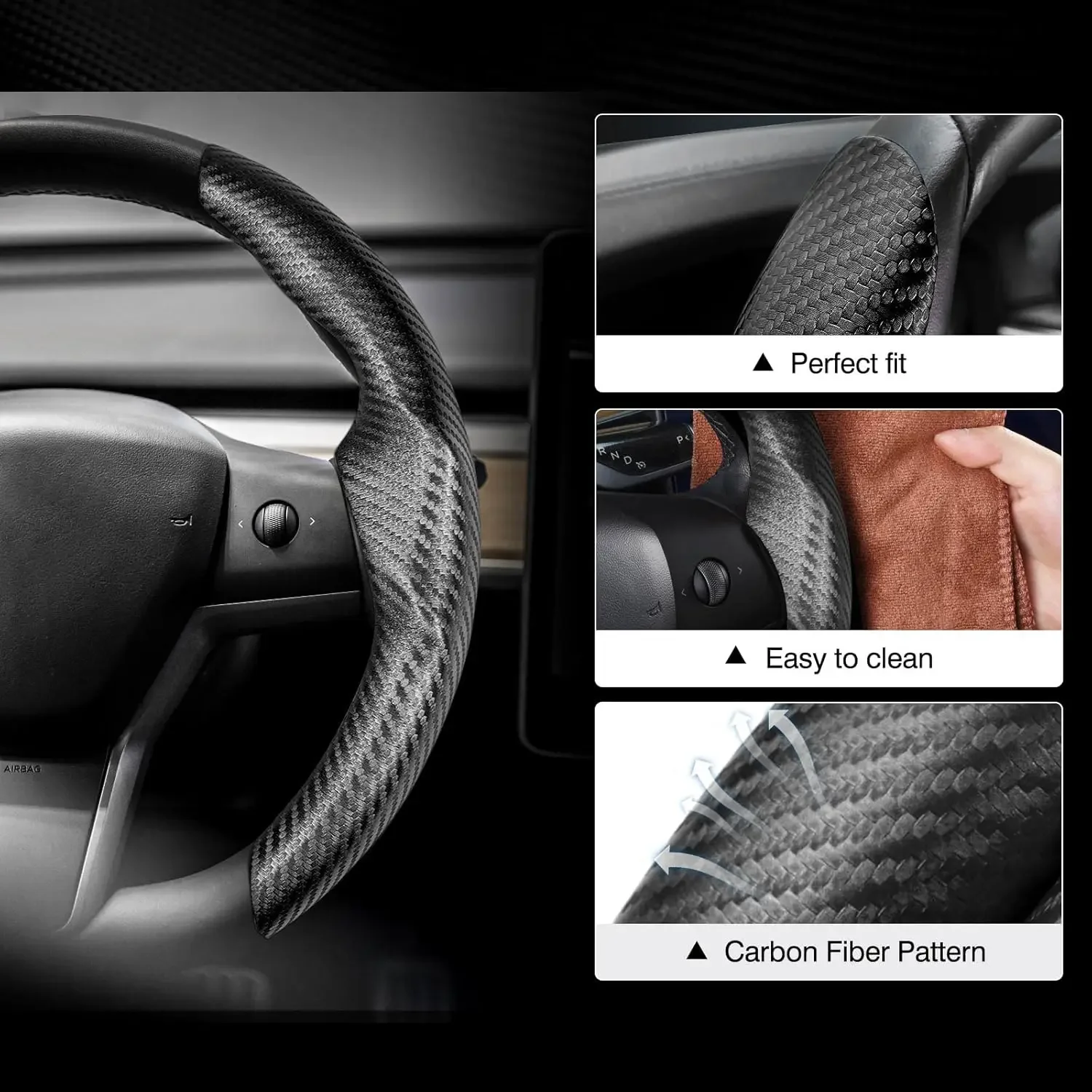 Tesla Model3/Y Car Steering Wheel Cover Modified Carbon Fiber Pattern Non-slip Sports Steering Wheel Cover Accessories