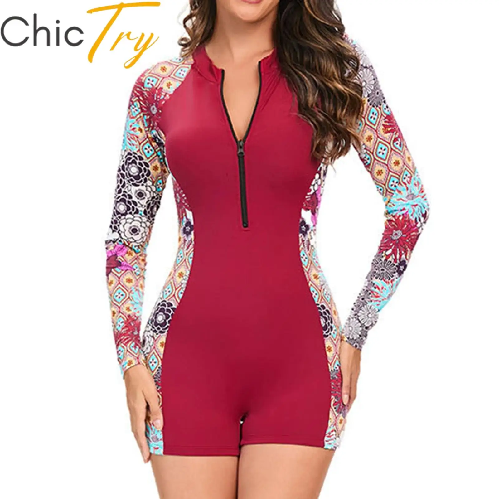 

Womens Swim Leotard One-piece Swimsuit Beachwear Bodysuit Floral Print Padded Swimwear Surfing Bathing Suit UPF 50 Rashguard
