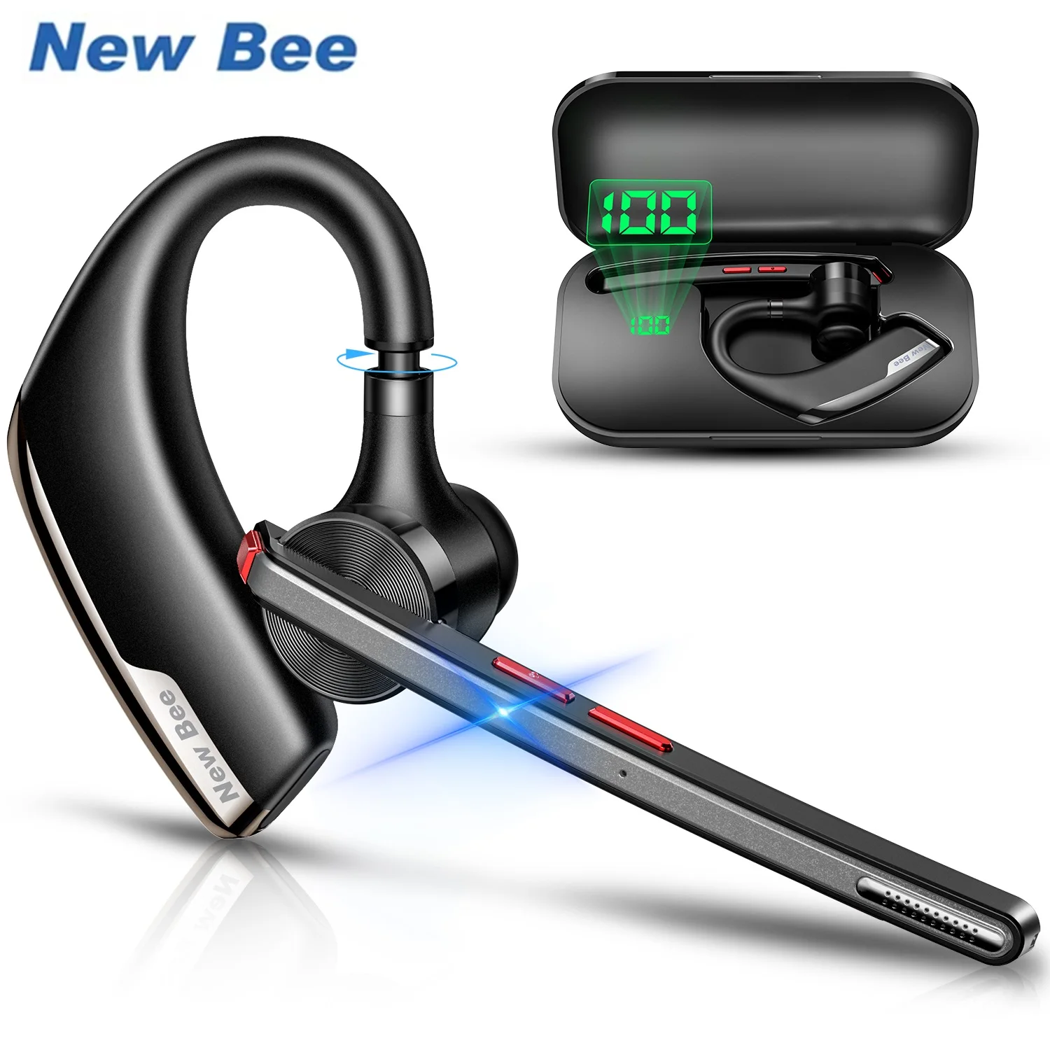 New Bee M51 Bluetooth V5.2 Headset Business Earbuds Wireless Earphones with Ear Hook Dual-Mic Headphone CVC8.0 Noise Cancelling