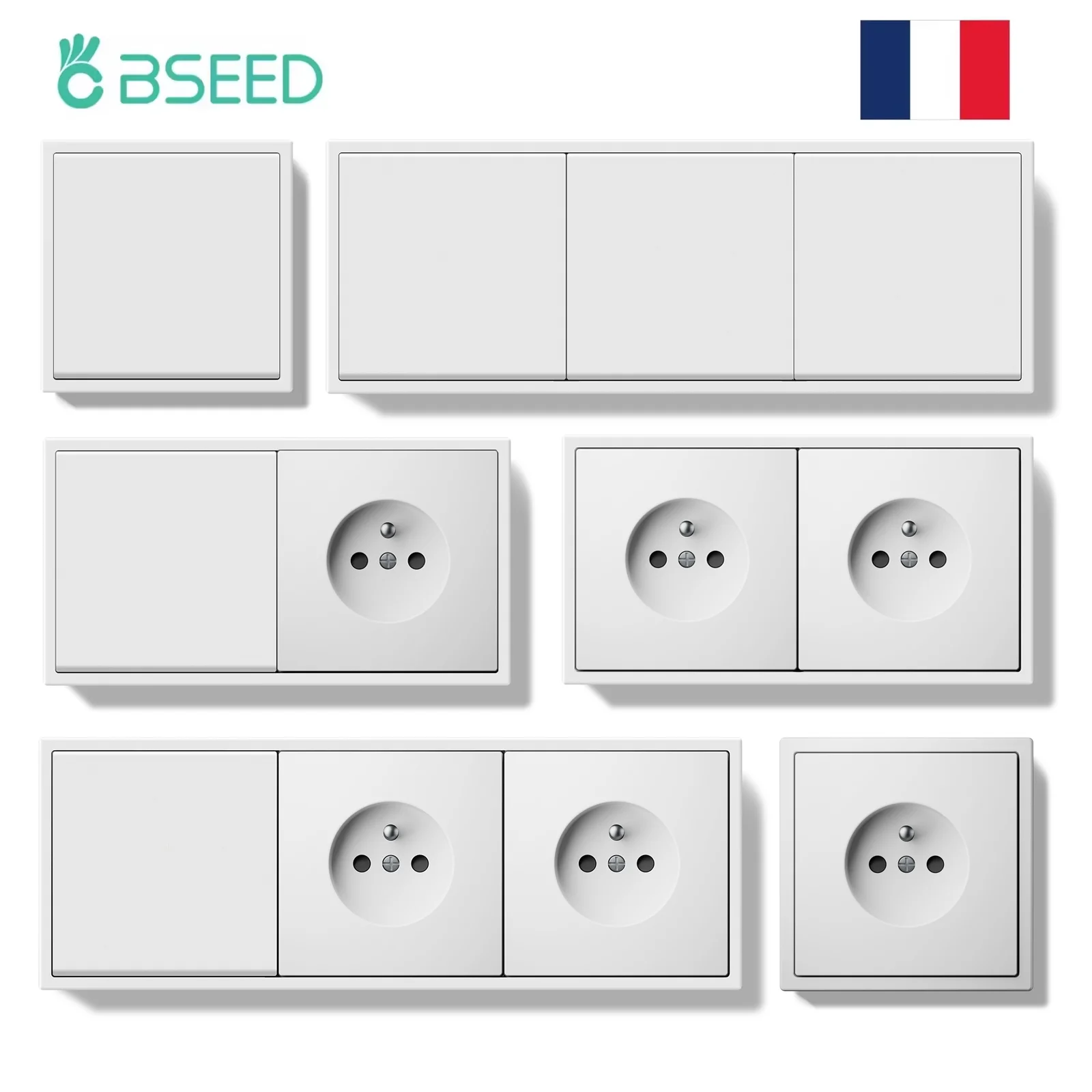 

Механический кнопочный выключатель BSEED 1/2Gang, настенные выключатели 1/2 направления плюс французские розетки, розетки, пластиковые панели, белая серия