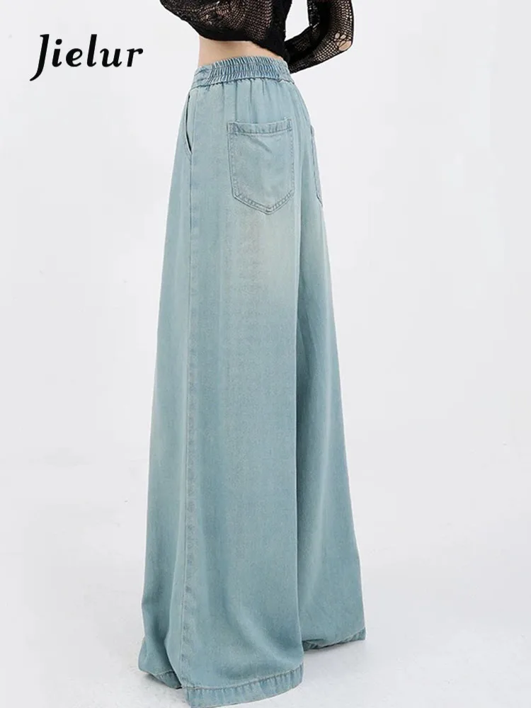 Blaue klassische Kordel zug hohe Taille weibliche Hose mit weitem Bein Sommer Vintage Mode in voller Länge gewaschen einfache gerade Frauen Jeans