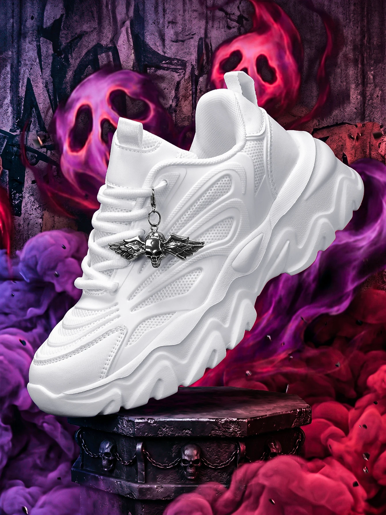 Women's Outdoor All-Season Eva Lightweight Platform Shoes with a 5cm Height Increase, Black Vulcanized Shoes, Paired with a Detachable Silver Angel Skull Chain Pendant