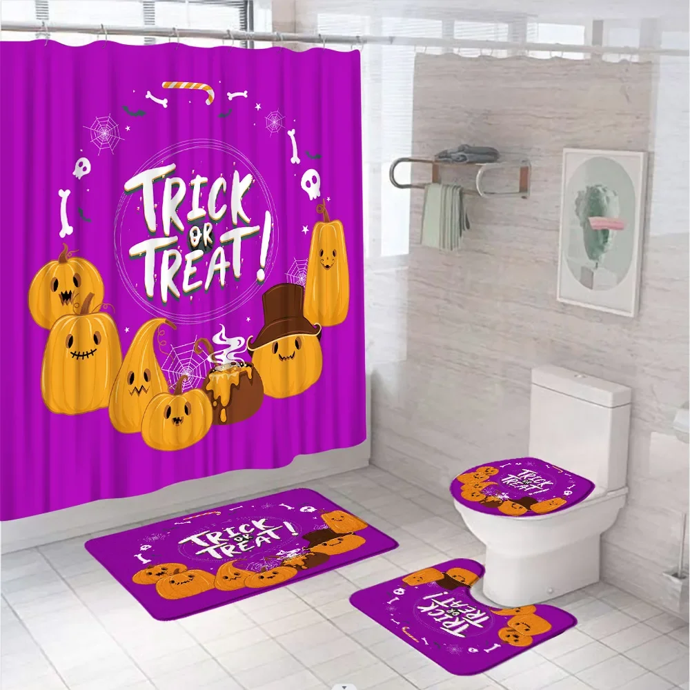 4PCS Skeleton Skull Bathroom Set Shower Curtain Horror Halloween Bat Screen Non-Slip Bath Mat Rug Carpet Lid Toilet Cover 12Hook