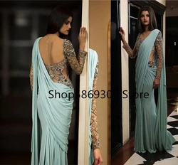 CustomizedPleated Saree Topped Indian Evening Formal Dresse with Long Sleeve Mint Green Chiffon Sparkly Crystal Muslim PromGown