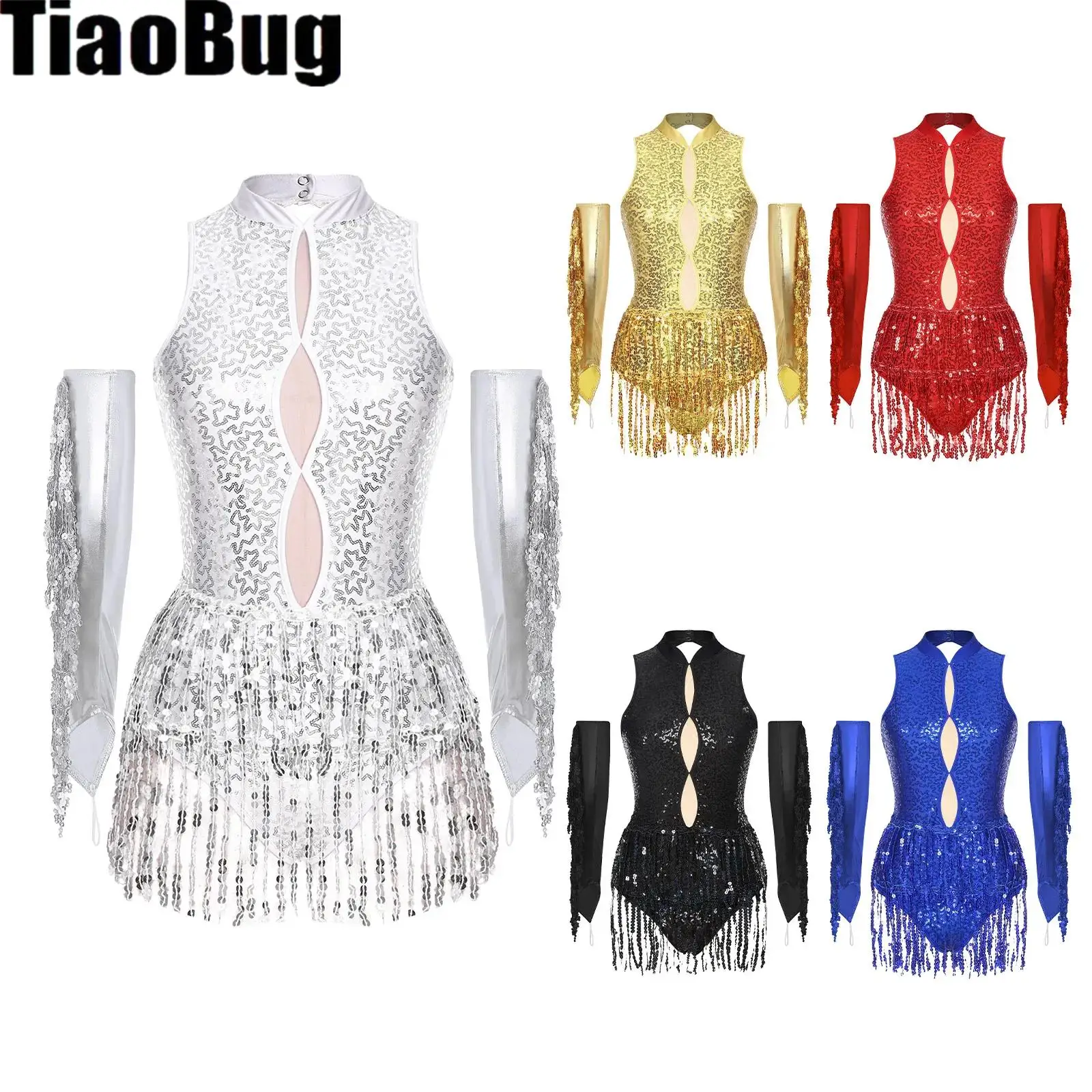 

Womens Metallic Sequins Latin Dance Dress Keyhole Sleeveless Backless Glittery Tassel Leotard with Sequined Tassels Gloves