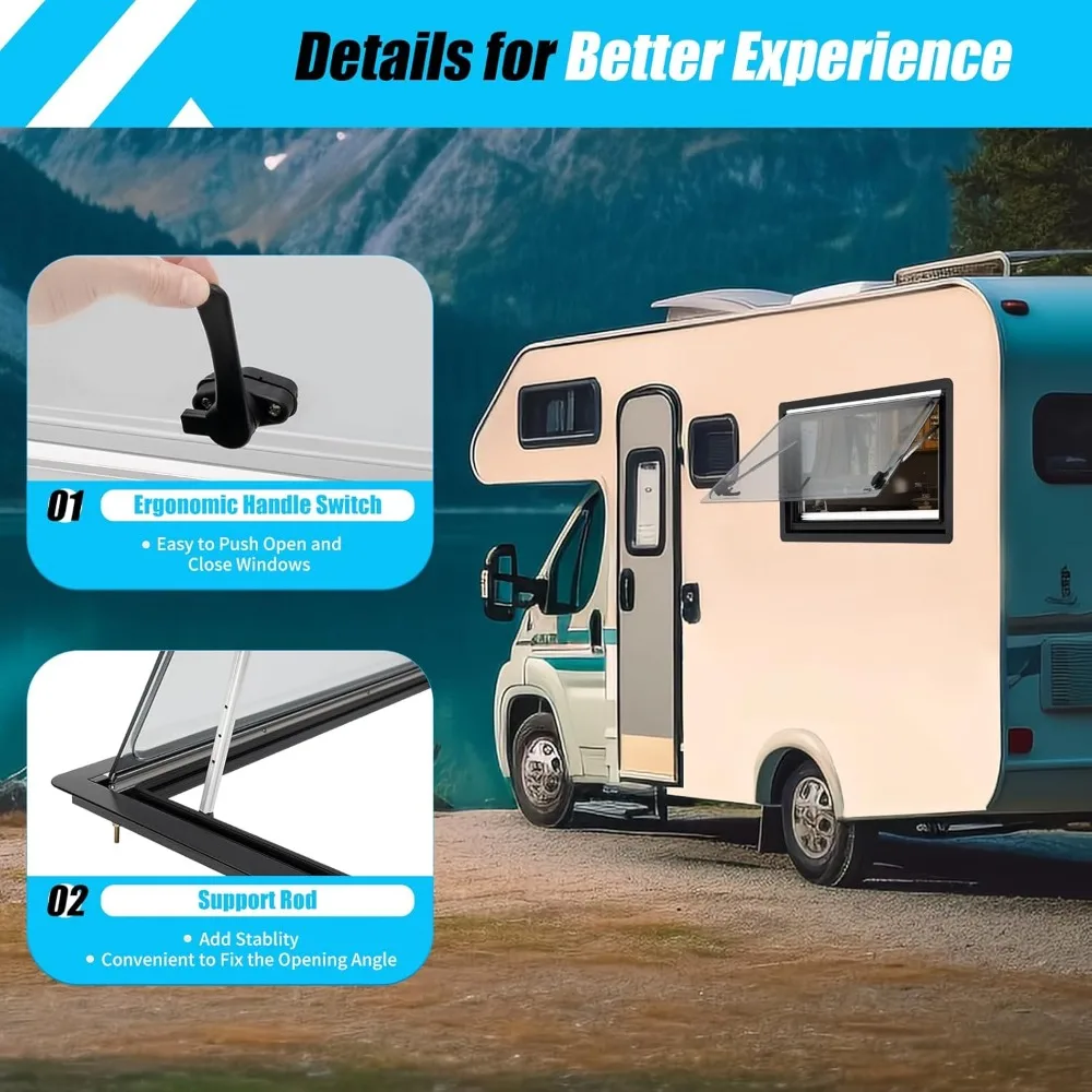 نافذة تهوية للتخييم RV مقاس 900 مم × 500 مم مع 70 °   فتحة تنفيس مفصلية، مخزون أمريكي، 35.43 × 19.68 بوصة