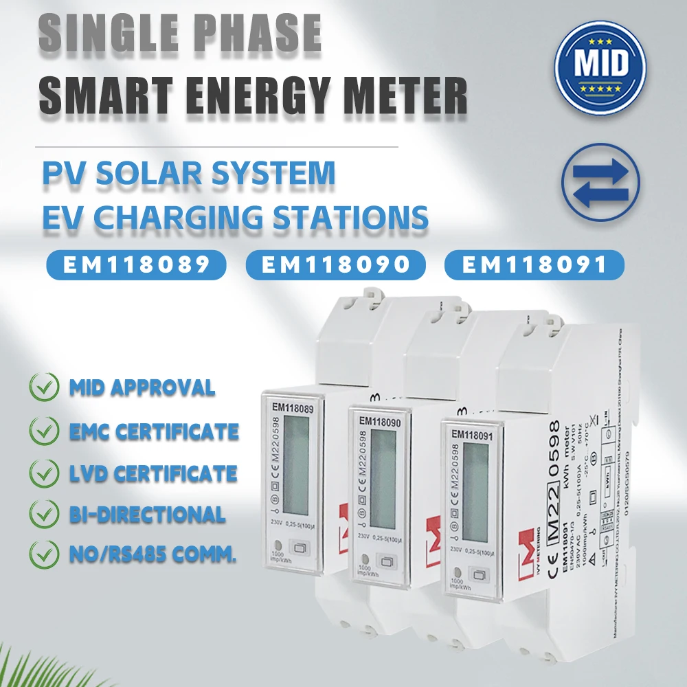 EM118089 90 91 230V AC Mess-und Eichgesetz net metering 100A Single Phase Bi-directional Energy Meter For EV Charging Systems