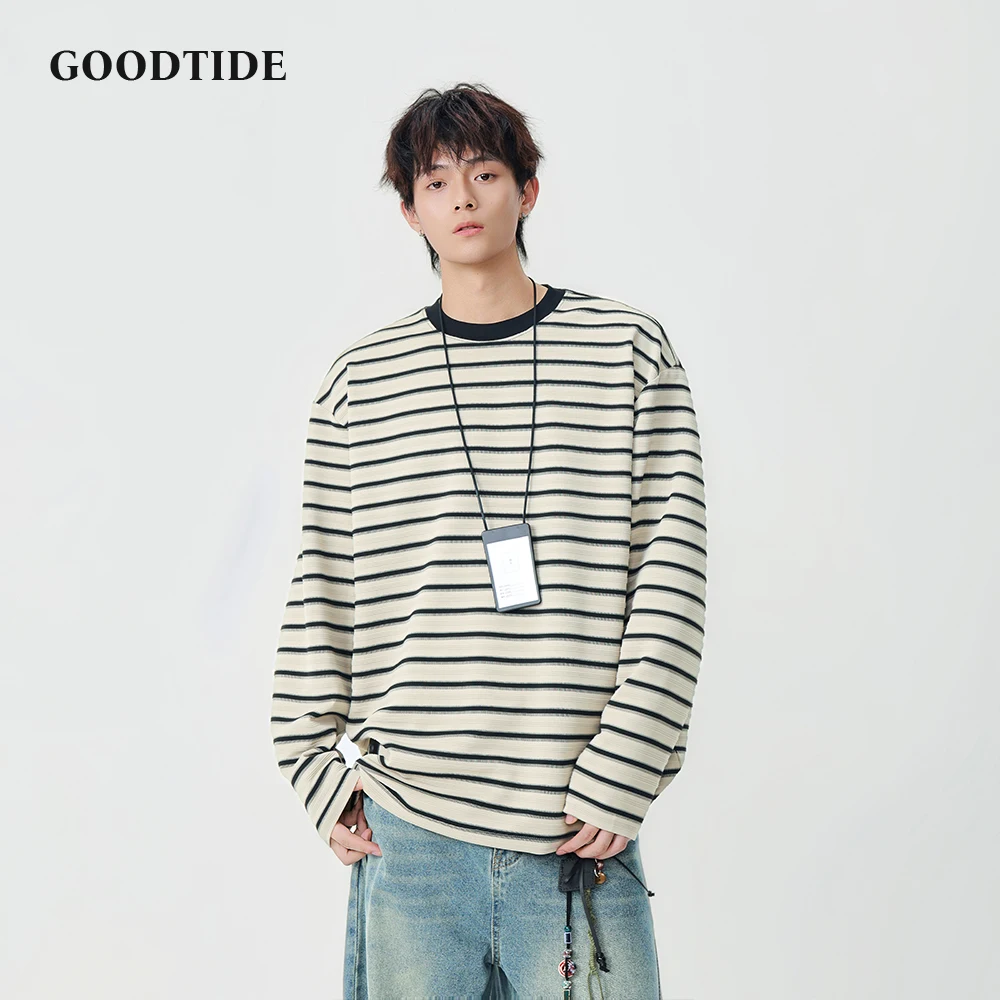 

Fashion Men's Casual Long Sleeve T - Shirt 2025 Spring Autumn Striped Pattern Contrast Collar Loose Fit Design Comfortable Top