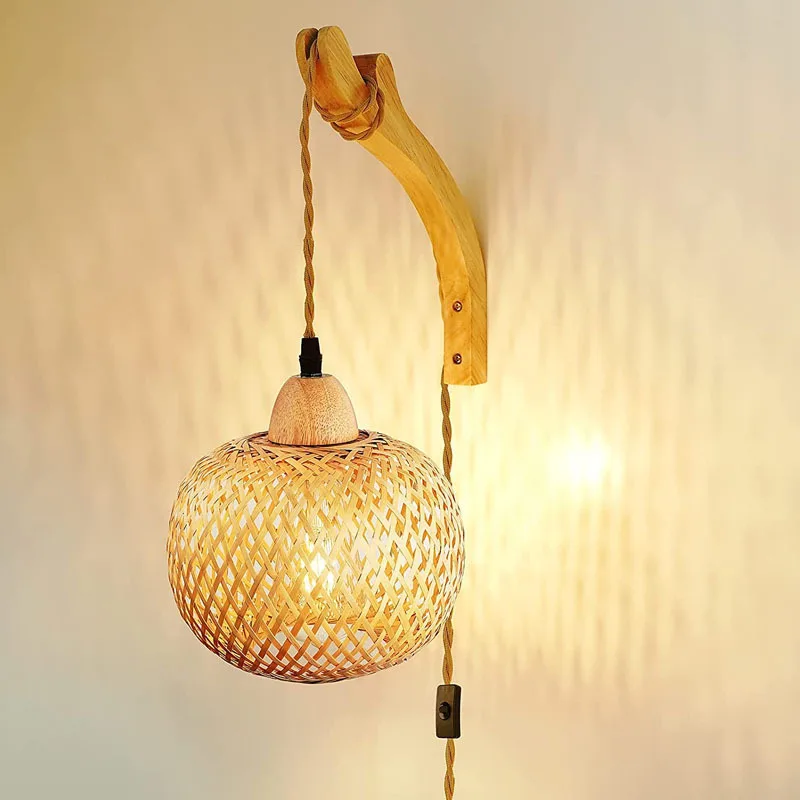 

Vintage Japanese Bamboo Woven Bedside Wall Lamp Dining Room Wicker Lamp Wooden Bedroom Farmhouse Country Indoor Decro Wall Light
