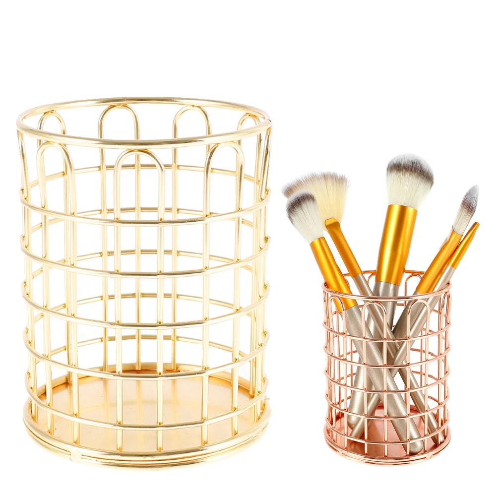 Makeup Brush Holder Organizer Multifunctional Desk Pen Pencil Holder Gold Metal Bucket Holder for Desk Office&Home Organizer