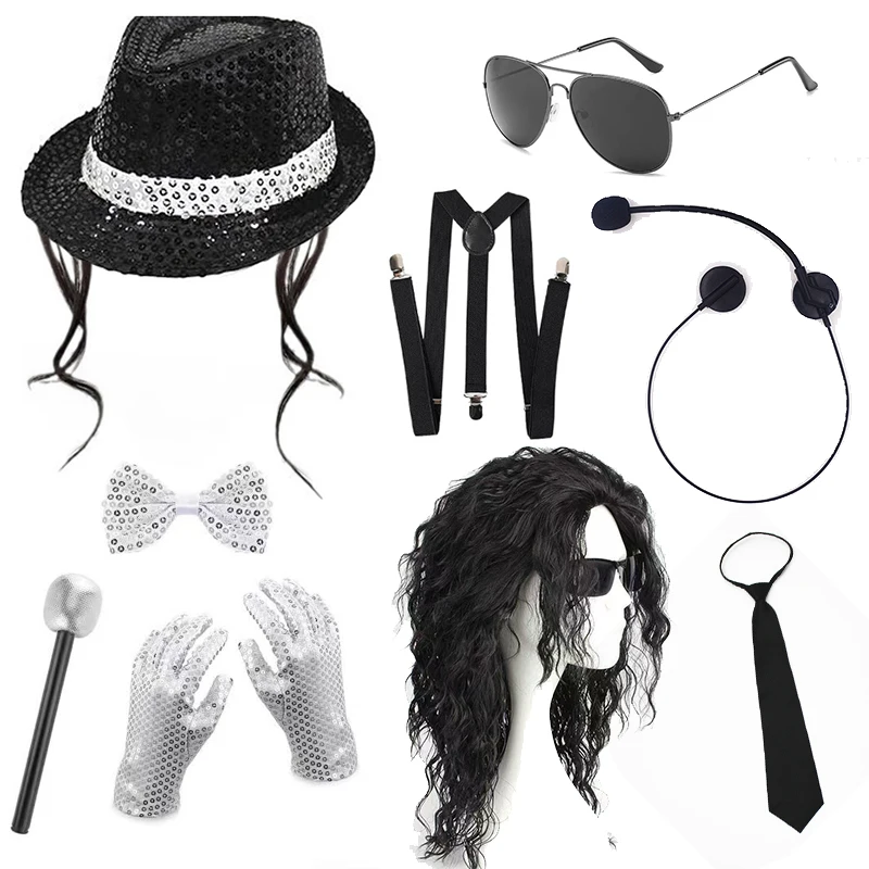 

Michael Jackson Costume Accessories Set Sequin Fedora Hat Rhinestone Gloves Aviator Sunglasses Halloween Cosplay Party Outfit