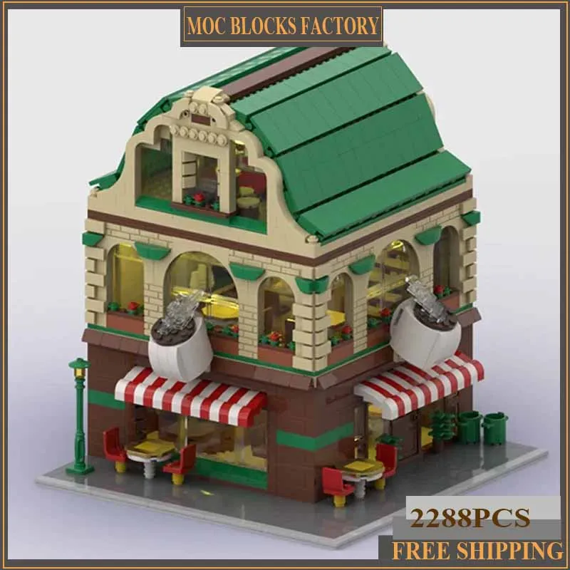 

Технические Moc Bricks City Street View Модель Кофейня Модульные строительные блоки Подарки Игрушки для детей Наборы «сделай сам» Сборка
