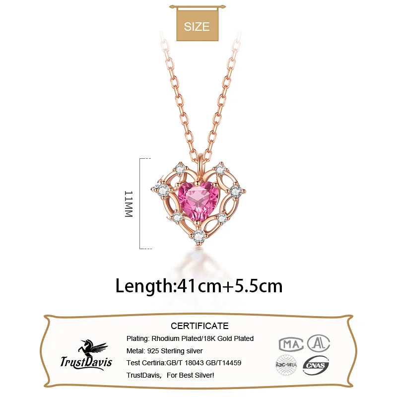 TrustDavis Real 925 Sterling Silver Heart Hollow Pink CZ Stone Short Chain Necklace For Women Wedding Love Jewelry DS3358