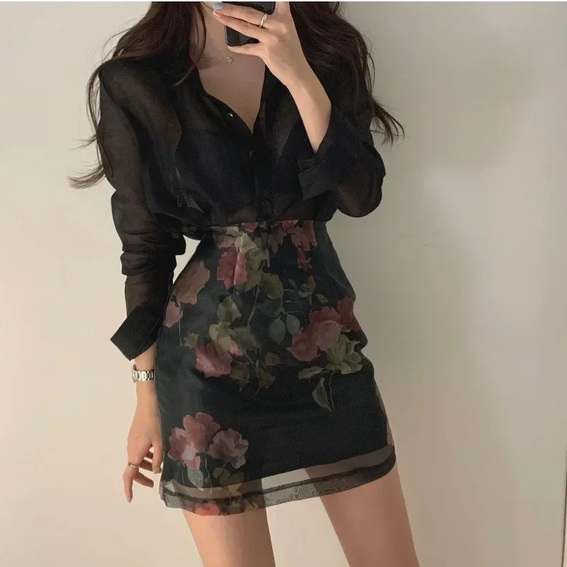 Elegant Women 2 Piece Sets Black Pink Sheer See-through Long Sleeve Shirt+High Waist A-line Floral Print Skirt Sets 2pc OL Suits