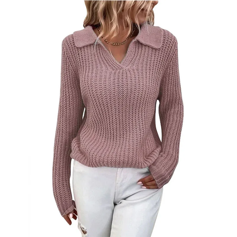 

Women's Pink Polo Collar Ribbed Knit Fitted Long Sleeve Sweater Autumn Winter Casual Daily Fashion Top
