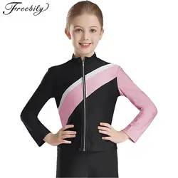 Kids Girls Figure Skating Jacket Artistic Gymnastics Training Competition Zip Up Jackets Activewear Rhinestone Ice Skating Tops