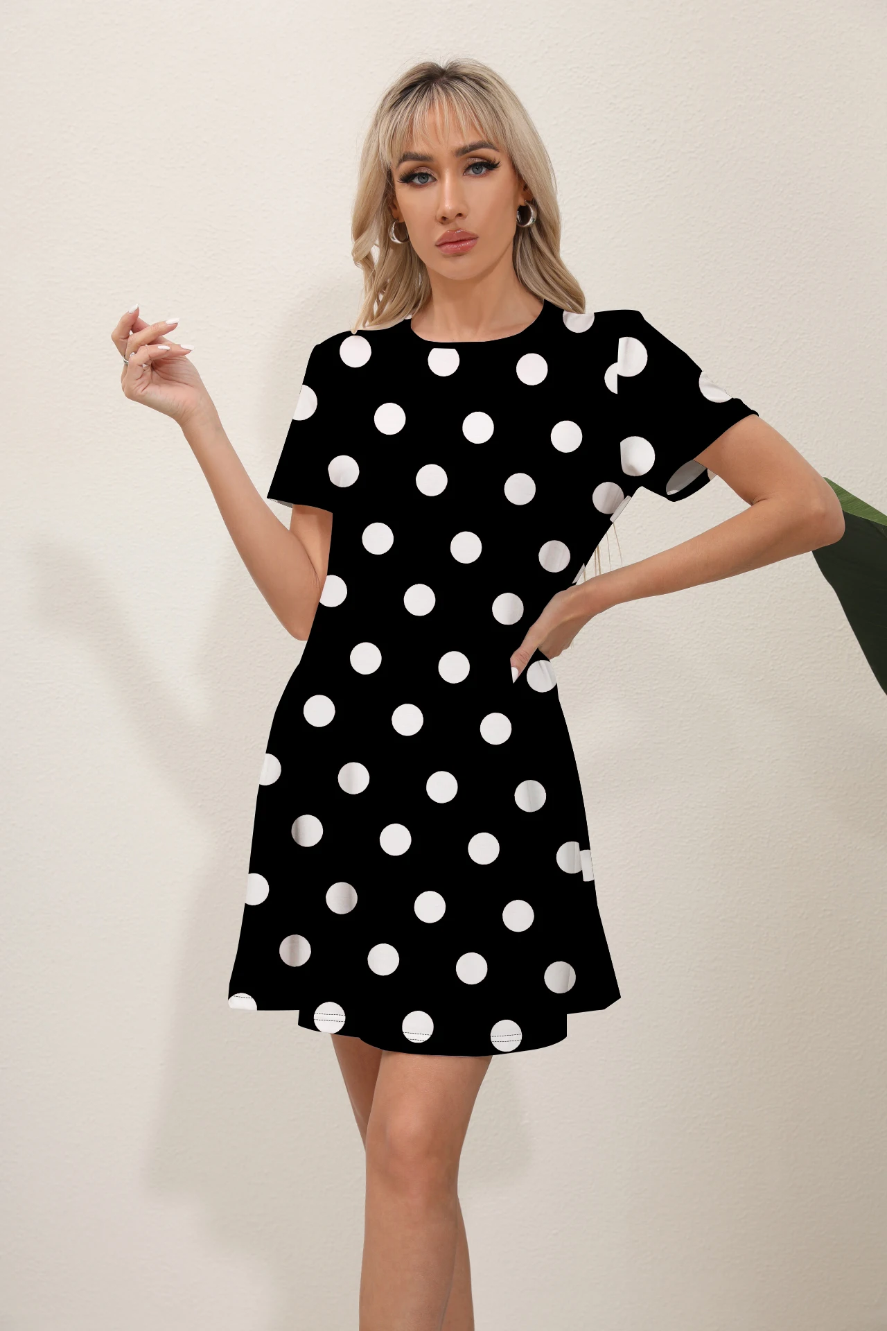 

New Summer Fashion Pattern Dot 3D Printing Short sleeved Women's Dress Elegant and Casual Round Neck A-line Dress Vest