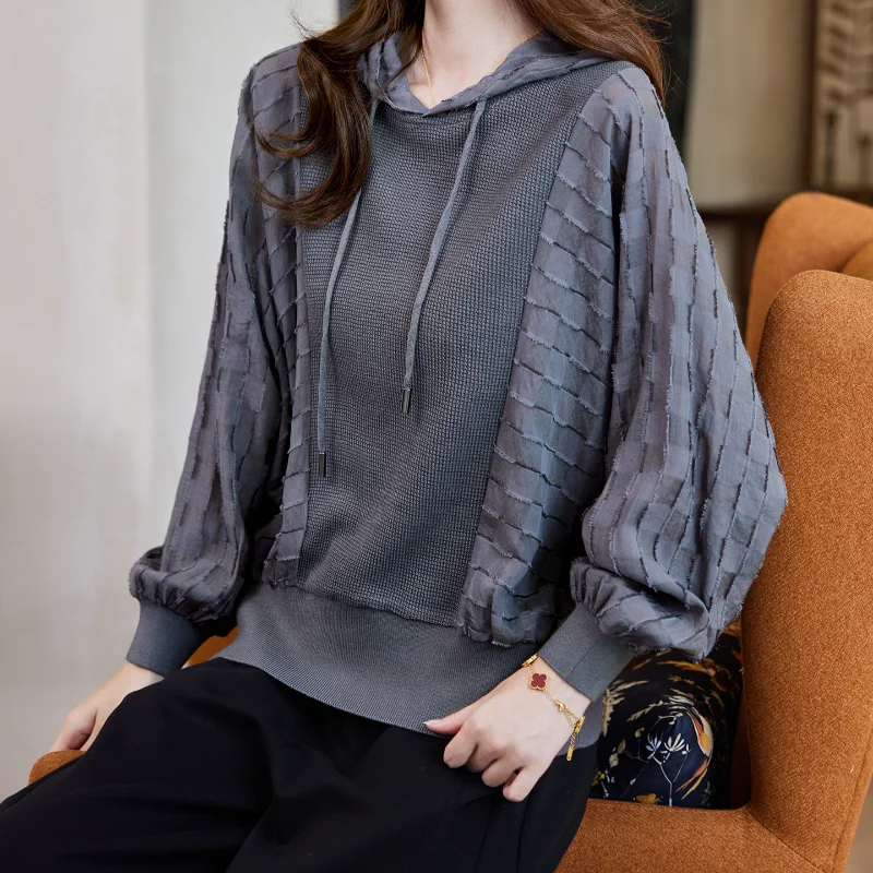Mode Lässig Patchwork Batwing Hülse Mit Kapuze Hoodie Frauen Frühling Herbst Neue Stil Minimalistischen Vielseitig Pullover Top