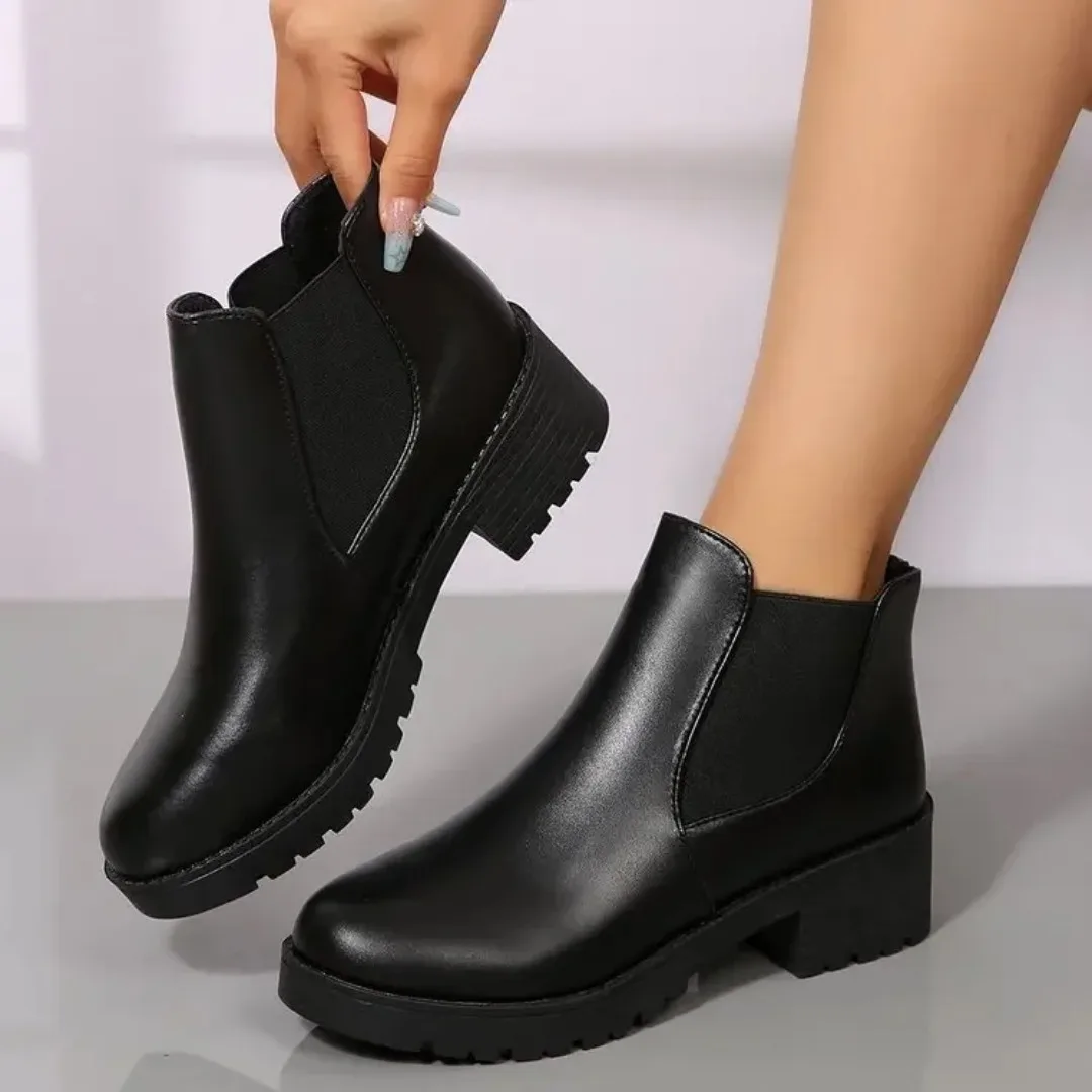 أحذية تشيلسي سوداء عالية الارتفاع للسيدات للخريف والشتاء، أحذية مارتن كاجوال ومريحة، أحذية قصيرة مرنة
