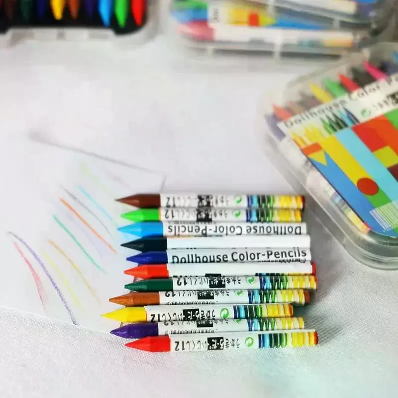 Mini Crayons Box 12 Colors Crayon Dollhouse Miniature Creative Scene Model Dollhouse Accessories Home Decor Figurines Toys