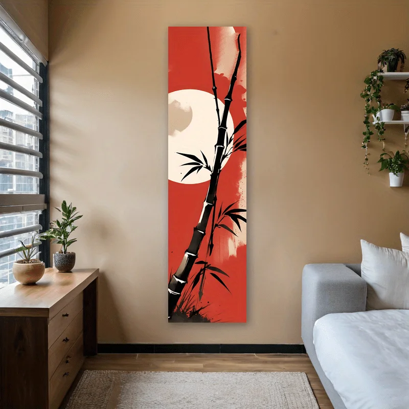 Mysteriöses Japanisches Bambus-Mondlandschafts-Wandteppich Großes Vertikales Wandbehang-Design mit Vollmond Naturinspiriert