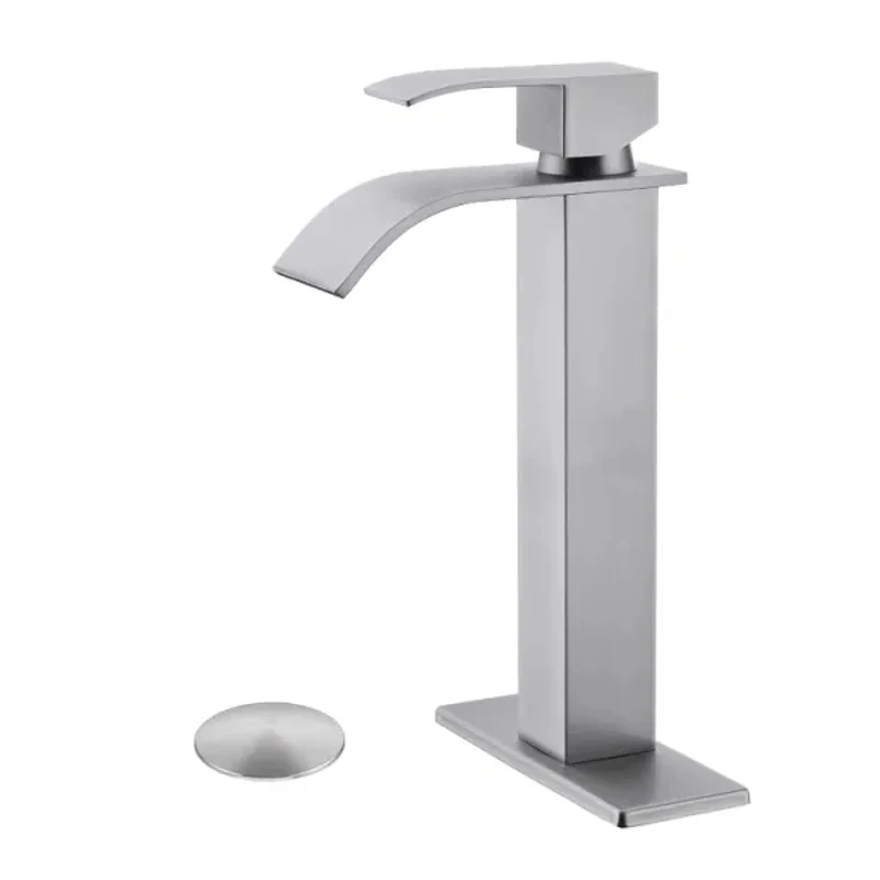 304 Waterfall Spout Faucet Silver High Square Single Handle Bathroom Sink High Bend with Pop-up Drain Pipe (no Overflow)