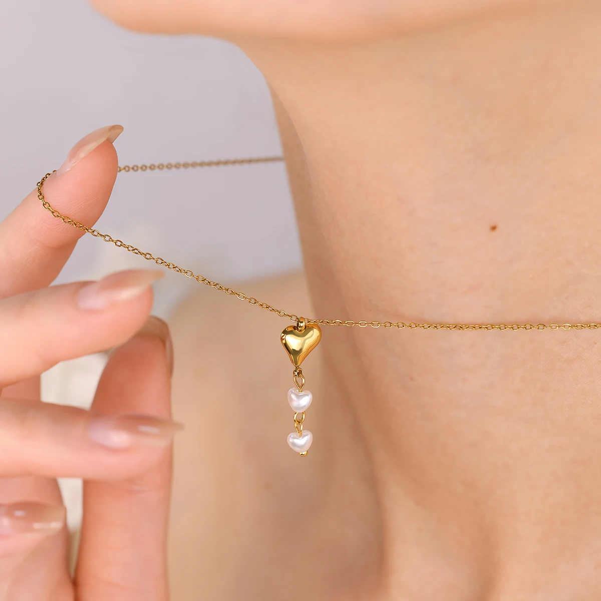 WILD & FREE Trendy Stainless Steel Heart Pendant Necklaces for Women Chic Luxury Pearl Charms 18K Gold Plated Jewelry - Image 4