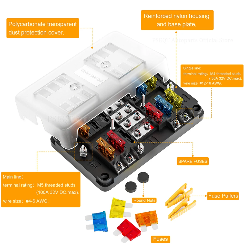 PSEQT Car Boat Fuse Box Holder 12V 24V 8 Way with Positive and Negative Bus Bar Standard Circuit Connectors Kit