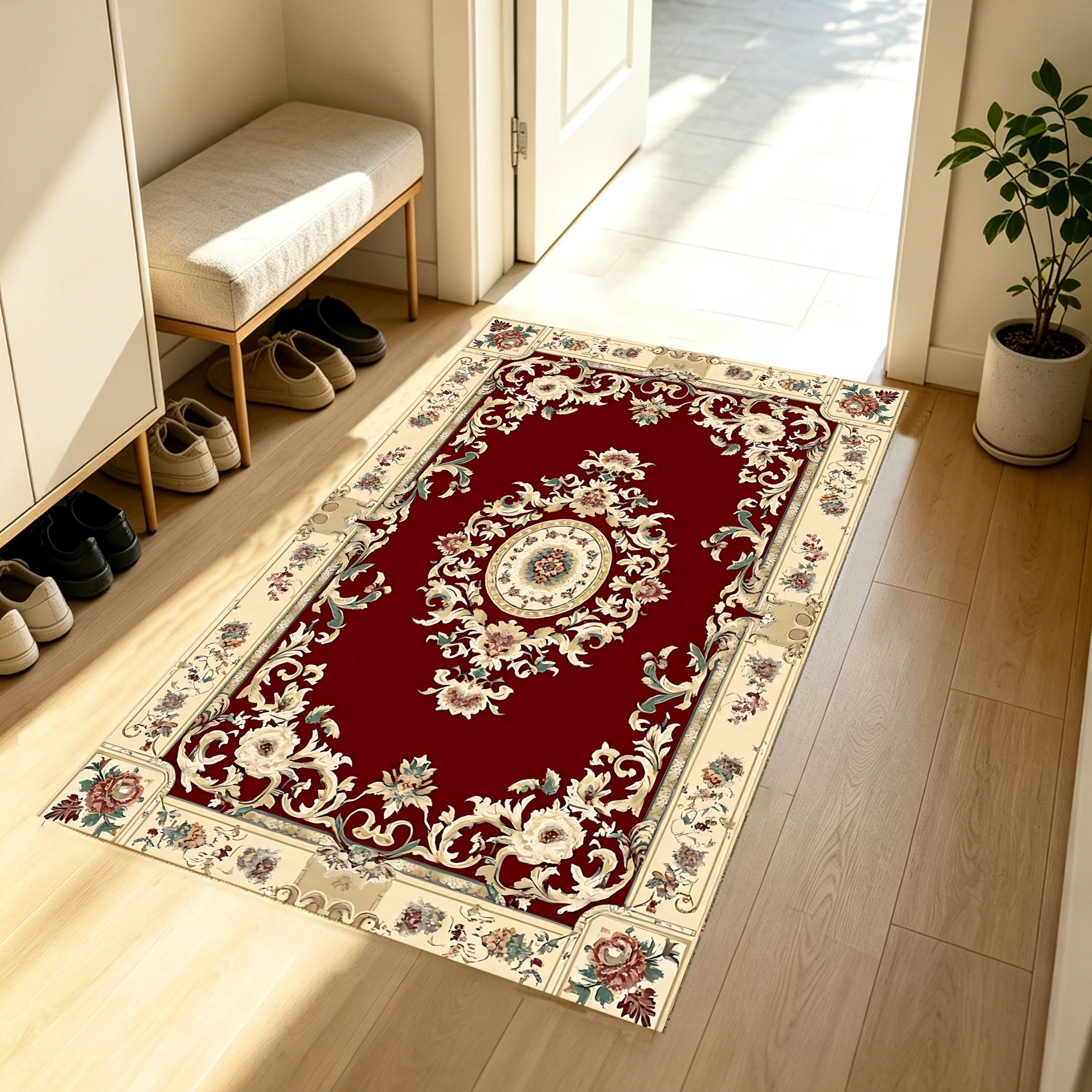 2D Large Carpet with Burgundy Background, European-Style Floral Carvings, Retro and Light Luxury Style, Perfect for Living Room and Bedroom, Instantly Refreshes the Space for Autumn and Winter Decoration