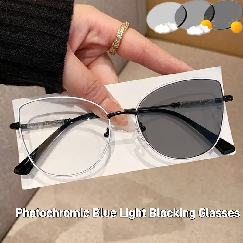 

Photochromic Cat Eye Blue Light Blocking Glasses for Women Fashion Metal FrameTransition Light Plain Glass Spectacles for Daily