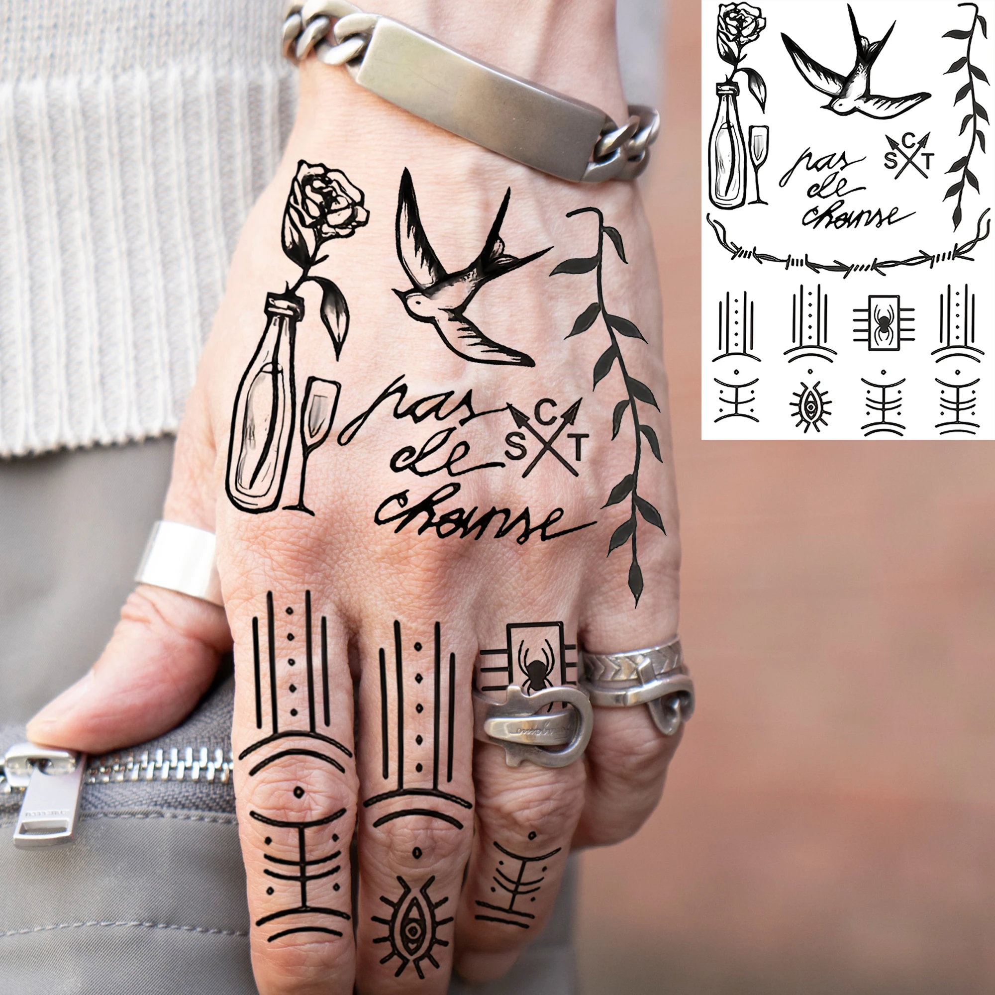 1 Sheet Sexy Eye Compass Sword Temporary Tattoos For Adult Hands Neck, Fake Tattoo Stickers Waterproof Realistic Tatoo Last Long